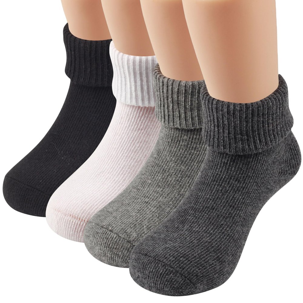 COTTON DAY Baby Infant Toddler Seamless Triple Roll Turn Cuff Slouch Socks Black White Charcoal 0-6M