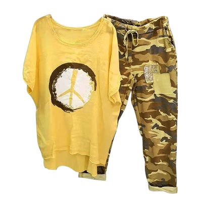 NineFit Basics Linen Sets for Women Two Piece Outfits Summer Casual Oversized Shirts and Camouflage Capris Pants Lounge Matching Sets, Medium, A01_yellow