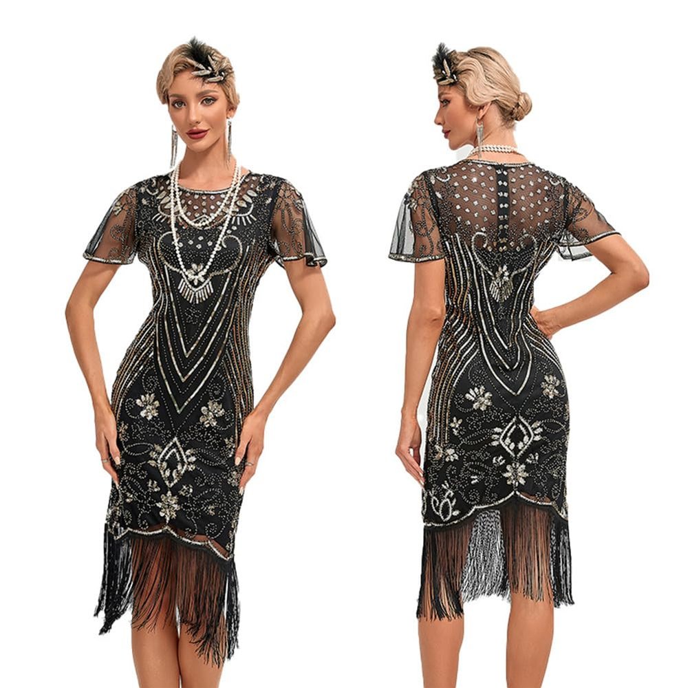 1920 Style Dresses for Women Black Flapper Dresses 1920s Gatsby Dress Sequin Fringe Flapper Dress with Sleeves 20s Style Cocktail Dress Roaring 20s Dresses Black + Gold X-Large