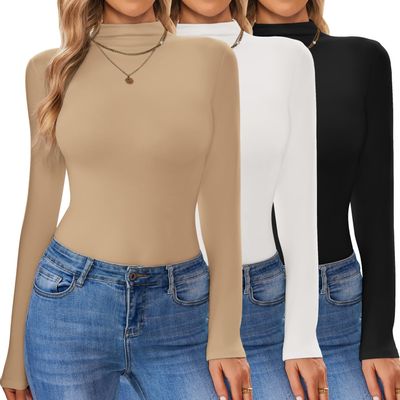 Ekouaer 3 Pack Turtleneck Shirt Women Long Sleeve Mock Neck Thermal Base Layer Slim Fit Soft Stretch Undershirts Tops White/Khaki/Black XL