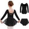 Arshiner Girls Ballet Leotards with Chiffon Dance Skirt Long Sleeve Crisscross Back Toddler Dance Outfit Combo