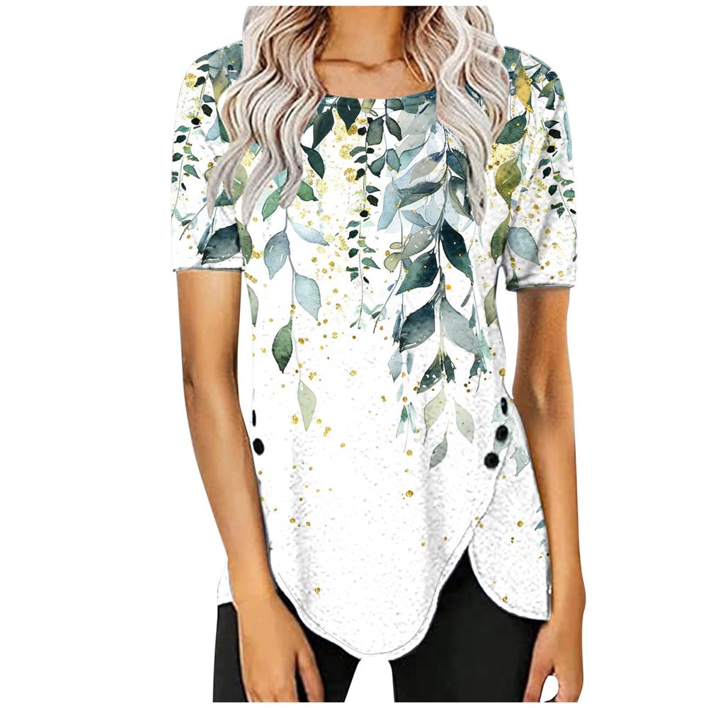 FOCLMP Women 2024 Floral Tops Blouses Short Sleeve Summer Shirt Trendy Fitted Tunic Blouse Dressy Causal Ladies Clothing Casual Summer Blouses for Women 2024 Plus Size Green XL