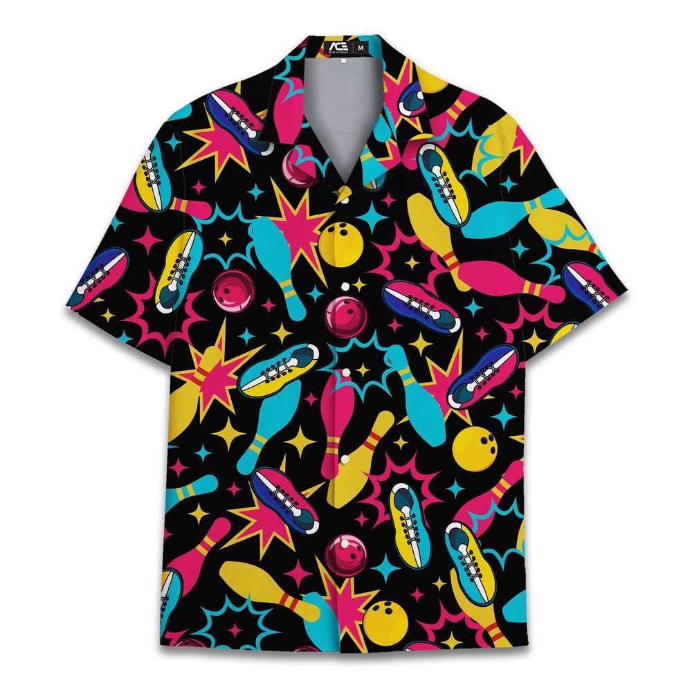 ACEPrints Neon Bowling Hawaiian Shirt for Men Neon Colorful Bowling Shirt Mens Hawaiian Shirts Short Sleeve Button Down Shirt Men