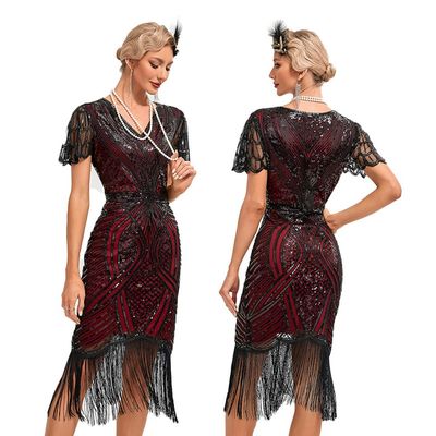 1920 Style Dresses for Women Red Flapper Dresses 1920s Gatsby Dress Sequin Fringe Flapper Dress with Sleeves 20s Style Cocktail Dress Roaring 20s Dresses Wine Red + Black Large