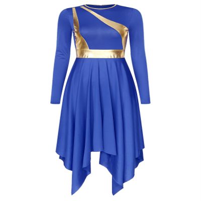 Linjinx Womens Liturgical Praise Dance Dress Color Block Long Sleeves Church Worship Lyrical Costume Blue Large
