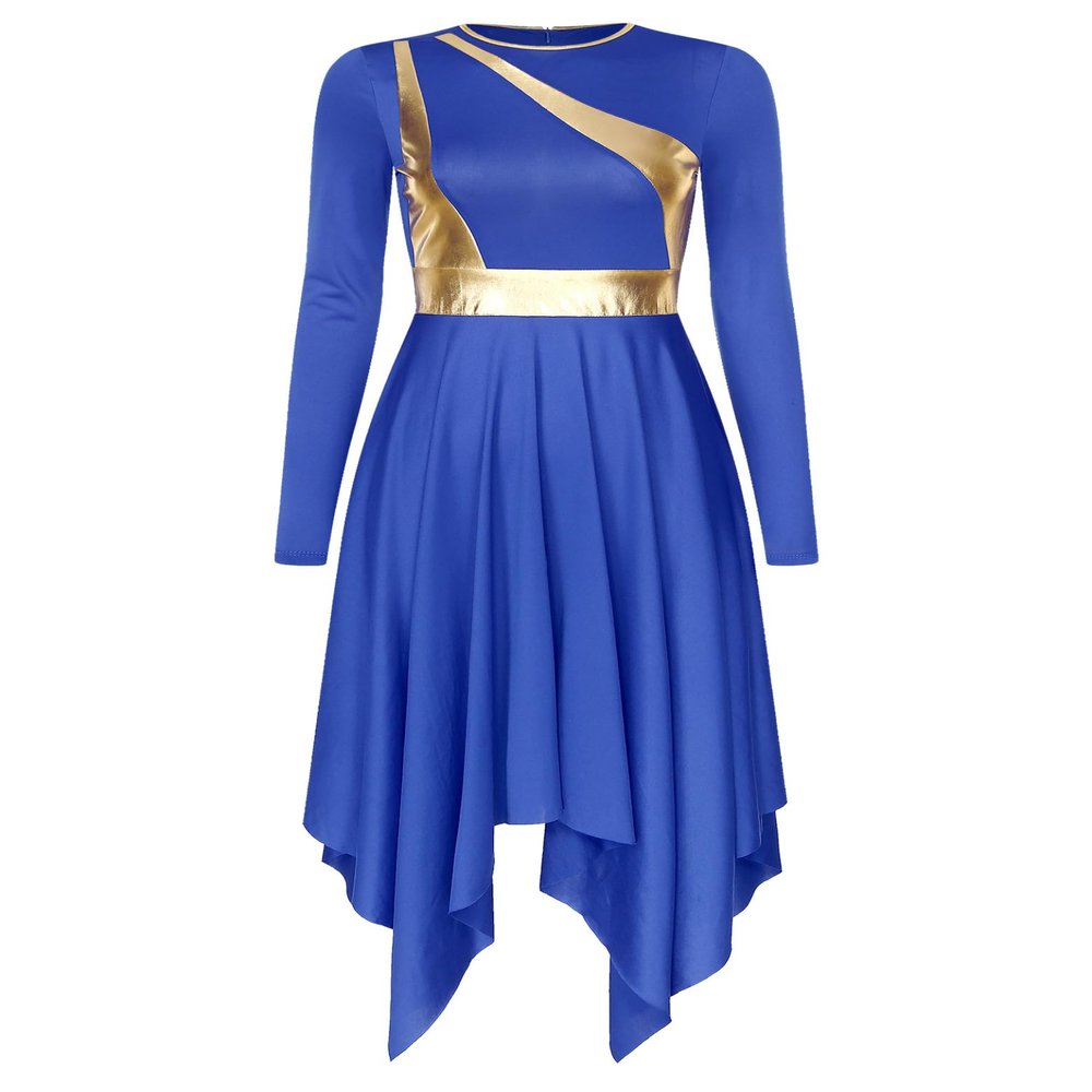 Linjinx Womens Liturgical Praise Dance Dress Color Block Long Sleeves Church Worship Lyrical Costume Blue Large