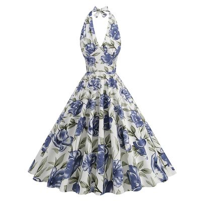 ABEWIP 1950s Vintage Dress for Women Halter Retro 50s 60s Audrey Hepburn Swing Style Rockabilly Dresses Plaid Floral Cocktail Dress Floral Print M