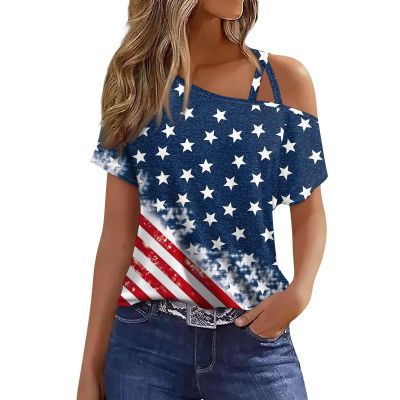 4Th of July Outfits for Women,Womens Summer Tops 2025 Red White and Blue Shirts Ladies Off Shoulder USA Tshirts Short Sleeve Patriotic Blouses Cold Shoulder American Flag Graphic Tees (Blue,XXL)