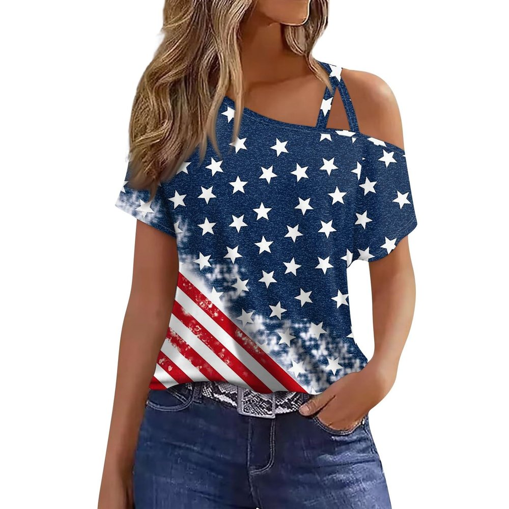 4Th of July Outfits for Women,Womens Summer Tops 2025 Red White and Blue Shirts Ladies Off Shoulder USA Tshirts Short Sleeve Patriotic Blouses Cold Shoulder American Flag Graphic Tees (Blue,XXL)