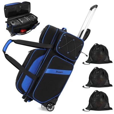 BOSSTIN 3 Ball Bowling Bags with Wheels, Secure Adhesive Fixed Ball Cup & Shoe Compartment (Fits Up to Size 16),Bowling Ball Bag 3 Ball Roller with Multi-Pockets (Blue)