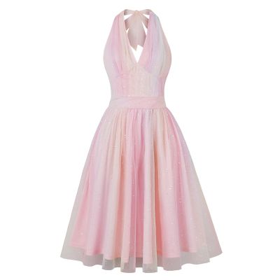 ABEWIP 1950s Vintage Tulle Dress for Women Rainbow Glitters Halter Retro 50s 60s Audrey Hepburn Swing Style Rockabilly Dresses Cocktail Dress Rainbow Glitter XL