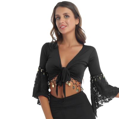 Linjinx Women's Belly Dance Tops Shawl Indian Lace-Up Crop Tops Tied Up Cardigan Stage Performance Costume Black 3X-Large