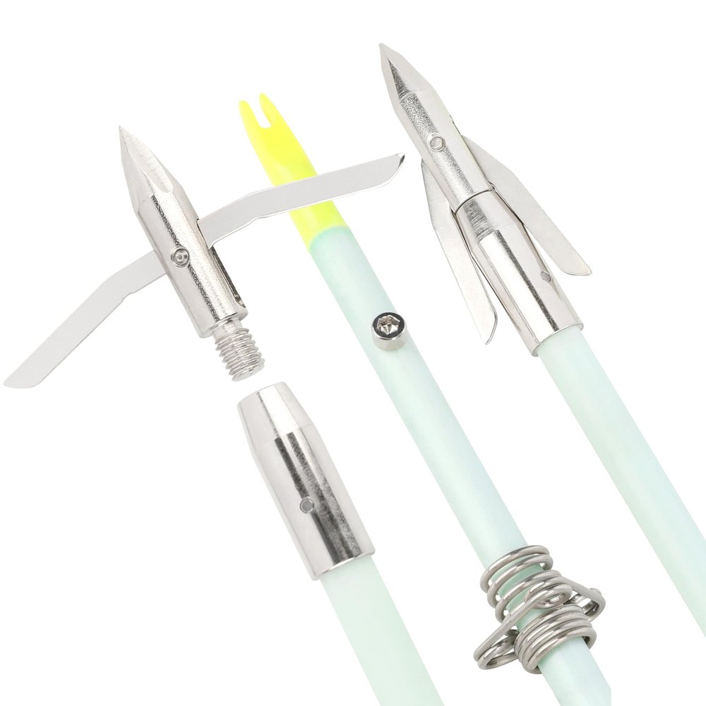 AMEYXGS 3/6pcs Archery Bowfishing Arrows Luminous or White Fiberglass Arrow Shaft with Broadheads and Safty Slides for Compound Bow and Recurve Bow Fishing Huntings (6 pcs, Luminous, Short broadheads)