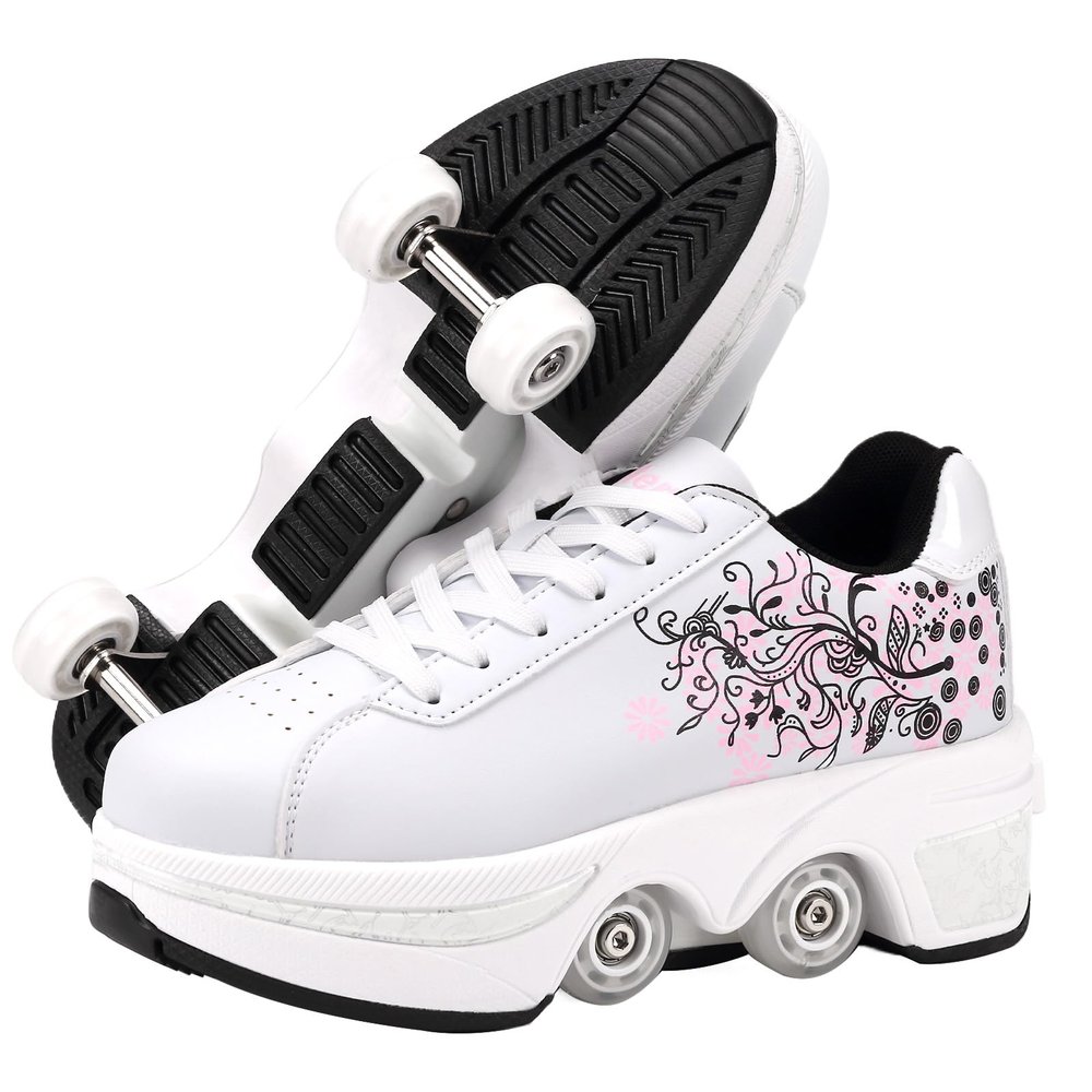 Roller Skates for Women Men 2-in-1 Double Row Deform Wheel Roller Skate Shoes Sneakers Detachable Shoes with Wheels for Girls Boys Indoor Outdoor Roller Shoes (White Pink, US 5)