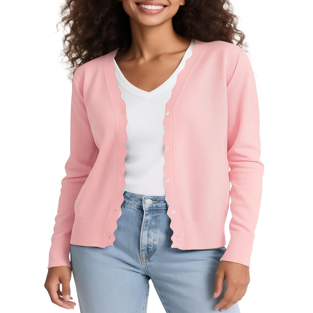 Urban CoCo Women's Long Sleeve Open Front Cardigan Sweaters Lightweight V-Neck Button Down Knit Sweater(Pink,M)