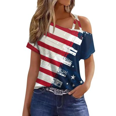 4Th of July Outfits for Women,Womens Summer Tops 2025 Red White and Blue Shirts Ladies Off Shoulder USA Tshirts Short Sleeve Patriotic Blouses Cold Shoulder American Flag Graphic Tees (Deep Red,M)