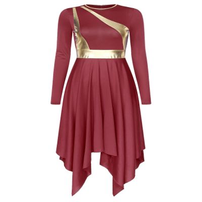 Linjinx Womens Liturgical Praise Dance Dress Color Block Long Sleeves Church Worship Lyrical Costume Burgundy XX-Large