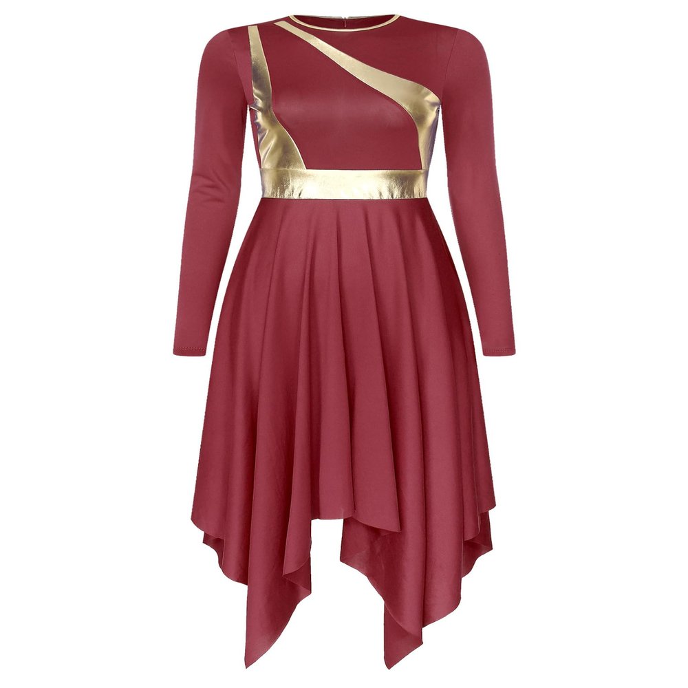 Linjinx Womens Liturgical Praise Dance Dress Color Block Long Sleeves Church Worship Lyrical Costume Burgundy XX-Large