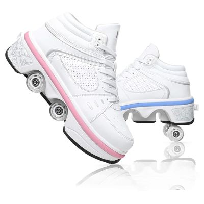Roller Skates for Women Men 2-in-1 Double Row Deform Wheel Roller Skate Shoes Sneakers Detachable Shoes with Wheels for Girls Boys Indoor Outdoor Roller Shoes (White High Top with LED, US 8.5)