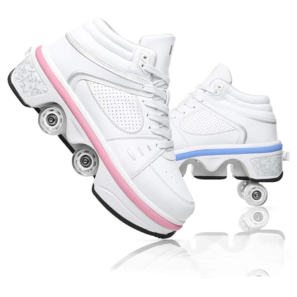 Roller Skates for Women Men 2-in-1 Double Row Deform Wheel Roller Skate Shoes Sneakers Detachable Shoes with Wheels for Girls Boys Indoor Outdoor Roller Shoes (White High Top with LED, US 8.5)