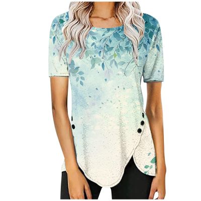 FOCLMP Women 2024 Floral Tops Blouses Short Sleeve Summer Shirt Trendy Fitted Tunic Blouse Dressy Causal Ladies Clothing Summer Tops for Women 2024 Vacation Fitted Blue S