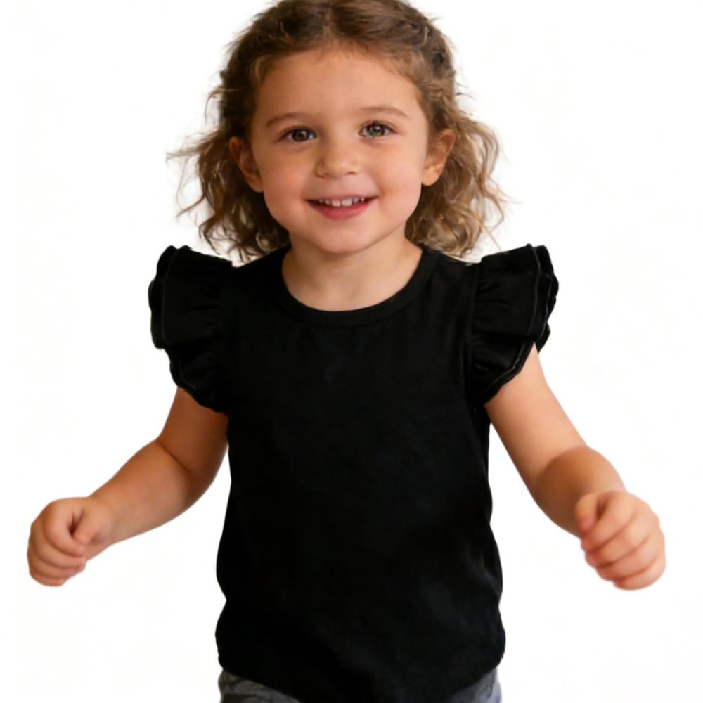 Kids Blouse Plain Ruffle Sleeve Top Toddler Girls Solid Color T-Shirt Baby Girl Cotton Casual Clothes (Black, 1-2 Years)
