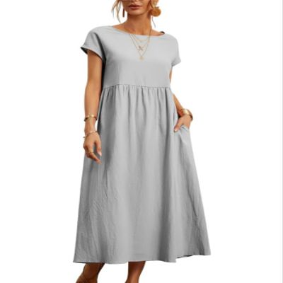Cotton Dresses for Women Light Grey 2024 Women's Summer Short Sleeve Midi Dress Casual Loose Beach Dress with Pockets