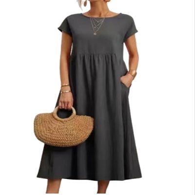 Cotton Dresses for Women Dark Grey 2024 Women's Summer Short Sleeve Midi Dress Casual Loose Beach Dress with Pockets