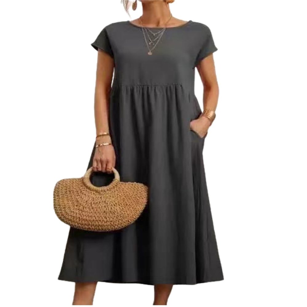 Cotton Dresses for Women Dark Grey 2024 Women's Summer Short Sleeve Midi Dress Casual Loose Beach Dress with Pockets