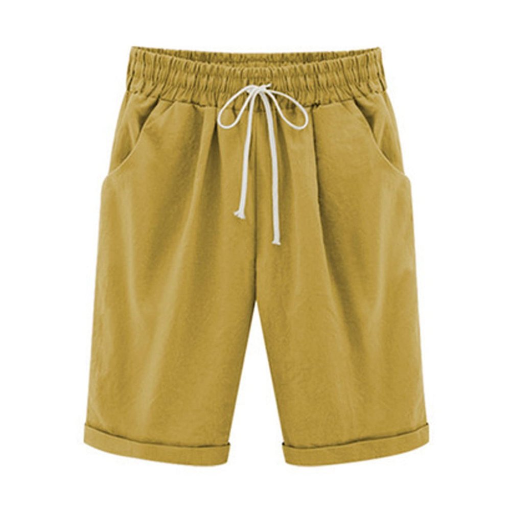 LMSXCT Cotton Linen Shorts for Women Casual Knee Length Bermuda Shorts Elastic Waist Gym Workout Shorts Summer Beach Shorts Yellow