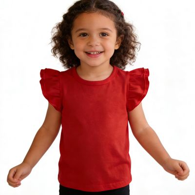 Kids Blouse Plain Ruffle Sleeve Top Toddler Girls Solid Color T-Shirt Baby Girl Cotton Casual Clothes (Red, 5-6 Years)