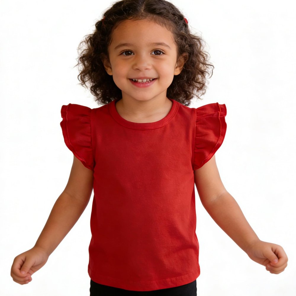 Kids Blouse Plain Ruffle Sleeve Top Toddler Girls Solid Color T-Shirt Baby Girl Cotton Casual Clothes (Red, 5-6 Years)