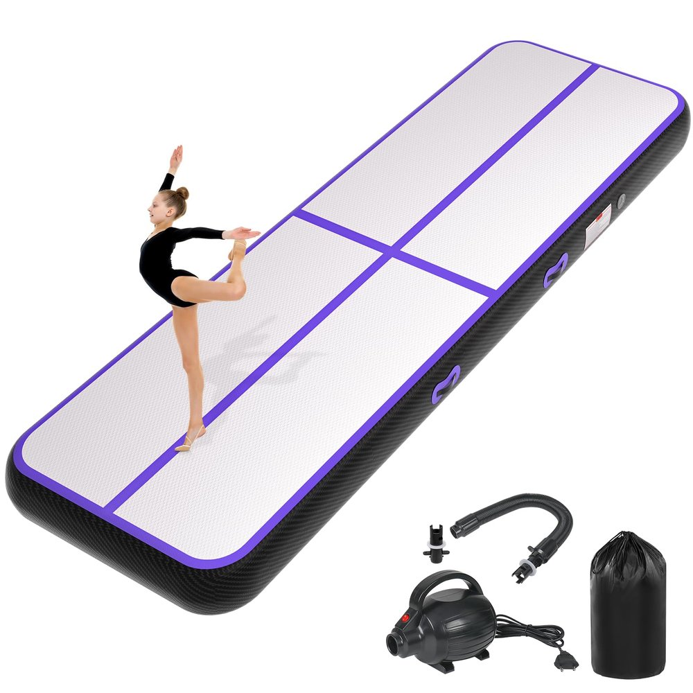 KIKILIVE Inflatable Gymnastics Tumbling Mat 20ft Purple Black, Tumble Track Mat 4 inches Thickness with Electric Air Pump for Home Use Training Cheerleading Yoga Water Beach Park