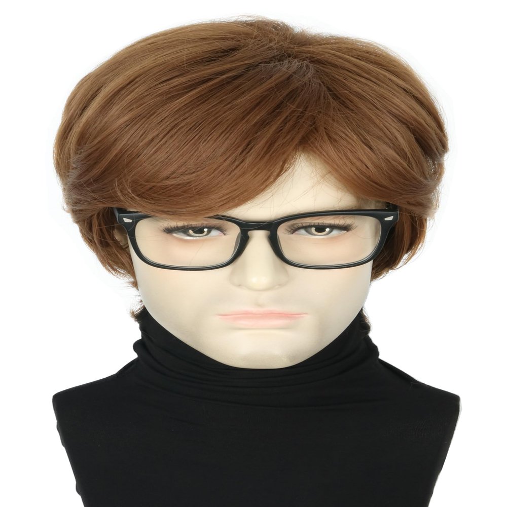 Topcosplay Mens Wigs with Glasses Short Brown Ginger 60s 70s Male Wig for Costume Accessories Halloween Outfit