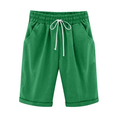 LMSXCT Cotton Linen Shorts for Women Casual Knee Length Bermuda Shorts Elastic Waist Gym Workout Shorts Summer Beach Shorts Green