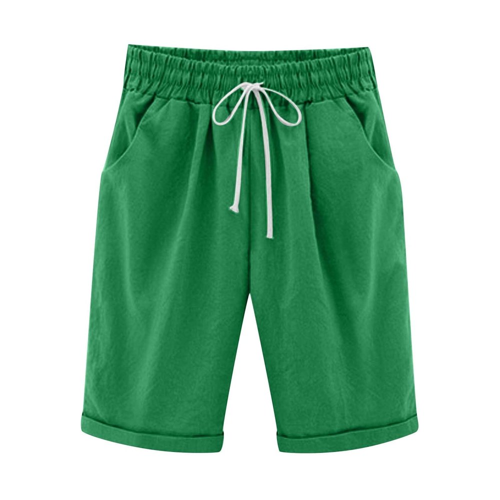 LMSXCT Cotton Linen Shorts for Women Casual Knee Length Bermuda Shorts Elastic Waist Gym Workout Shorts Summer Beach Shorts Green