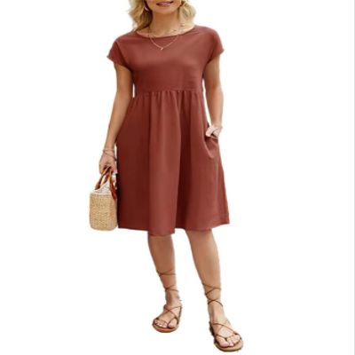 Cotton Dresses for Women Orange 2024 Women's Summer Short Sleeve Midi Dress Casual Loose Beach Dress with Pockets