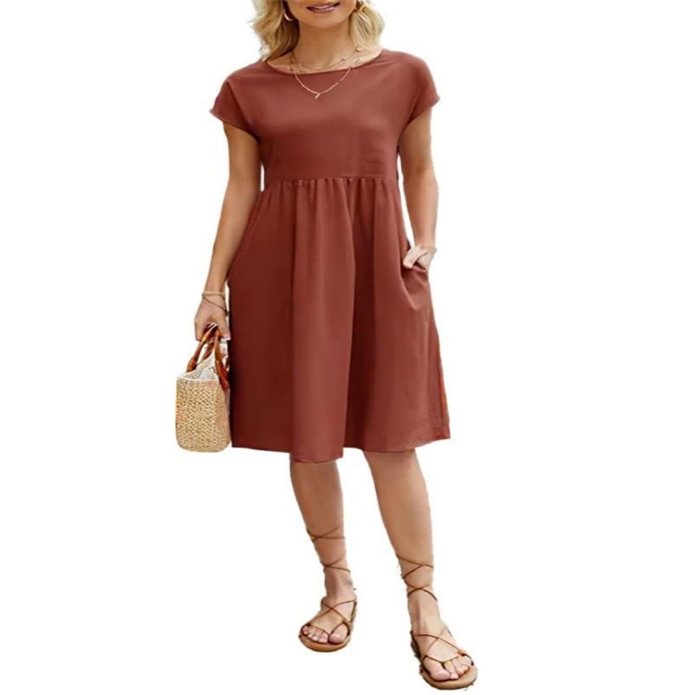 Cotton Dresses for Women Orange 2024 Women's Summer Short Sleeve Midi Dress Casual Loose Beach Dress with Pockets