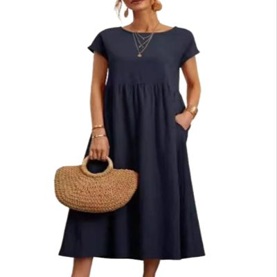 Cotton Dresses for Women Dark Blue 2024 Women's Summer Short Sleeve Midi Dress Casual Loose Beach Dress with Pockets