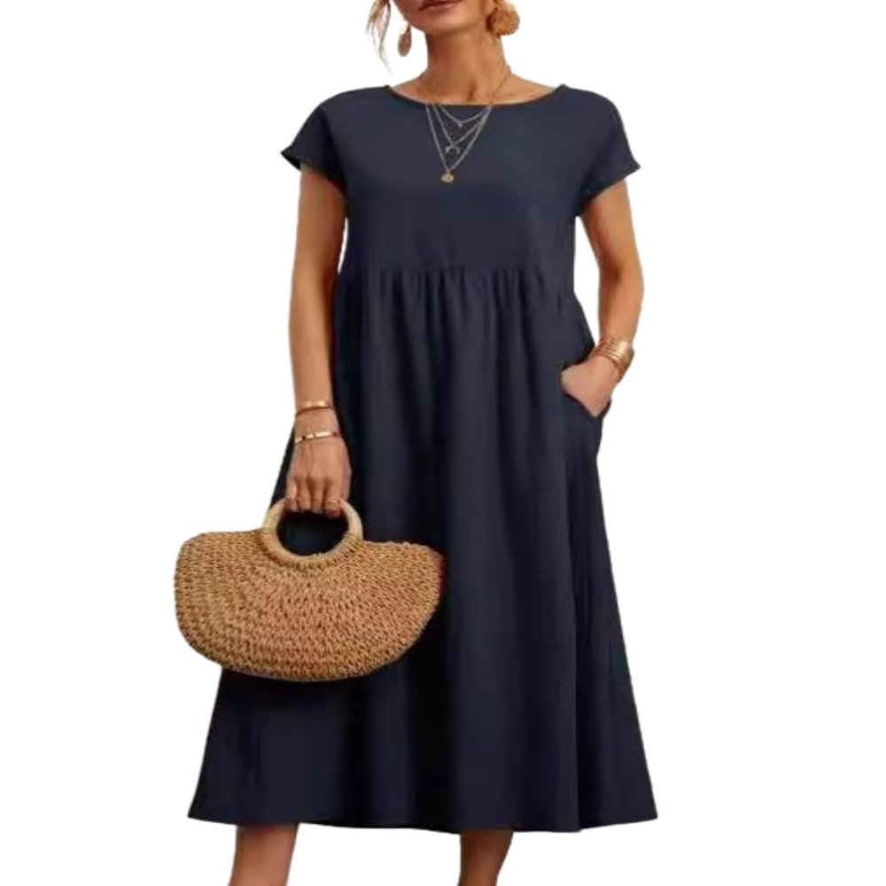 Cotton Dresses for Women Dark Blue 2024 Women's Summer Short Sleeve Midi Dress Casual Loose Beach Dress with Pockets