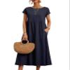 Cotton Dresses for Women Dark Blue 2024 Women's Summer Short Sleeve Midi Dress Casual Loose Beach Dress with Pockets view 1