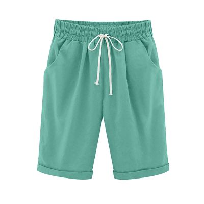 LMSXCT Cotton Linen Shorts for Women Casual Knee Length Bermuda Shorts Elastic Waist Gym Workout Shorts Summer Beach Shorts Mint Green