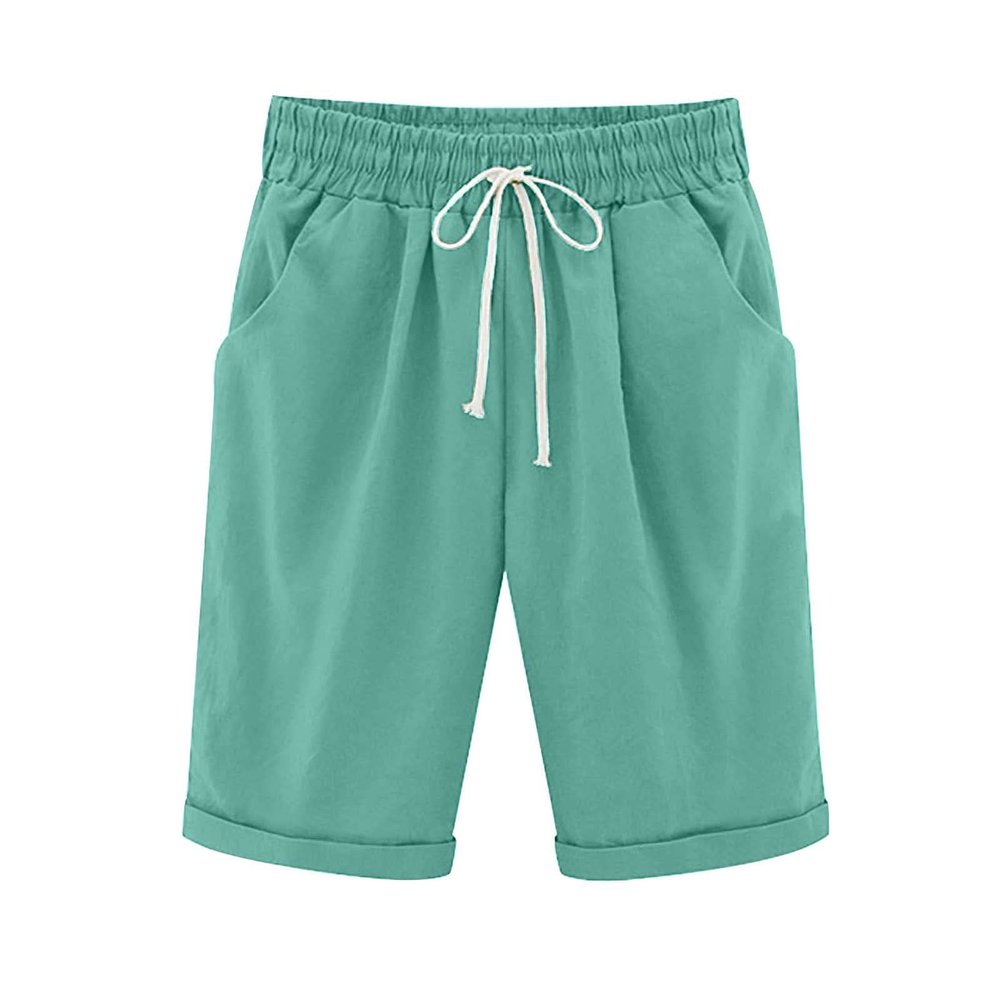 LMSXCT Cotton Linen Shorts for Women Casual Knee Length Bermuda Shorts Elastic Waist Gym Workout Shorts Summer Beach Shorts Mint Green