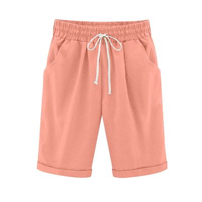 LMSXCT Cotton Linen Shorts for Women Casual Knee Length Bermuda Shorts Elastic Waist Gym Workout Shorts Summer Beach Shorts Light Pink