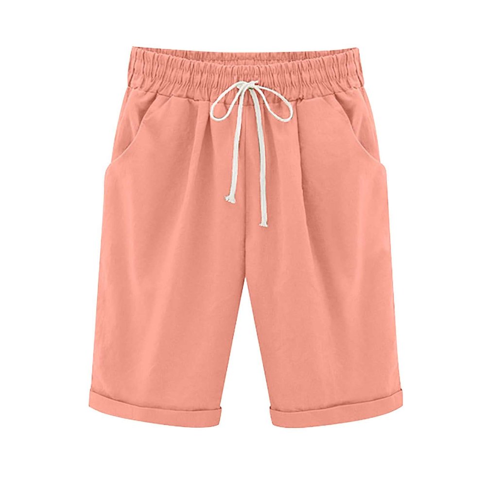 LMSXCT Cotton Linen Shorts for Women Casual Knee Length Bermuda Shorts Elastic Waist Gym Workout Shorts Summer Beach Shorts Light Pink