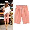 LMSXCT Cotton Linen Shorts for Women Casual Knee Length Bermuda Shorts Elastic Waist Gym Workout Shorts Summer Beach Shorts Light Pink view 2