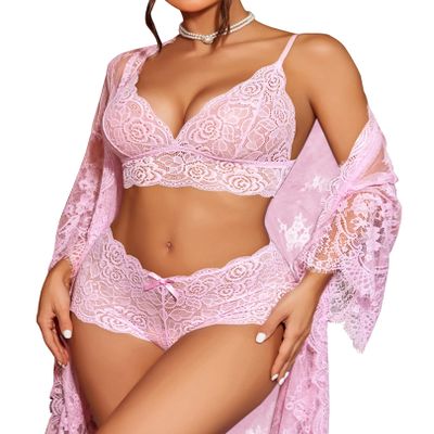 Avidlove lingerie for women Lace Babydoll 2 Piece Sexy Bra and Panty Sets Lace Kimono Robe Set