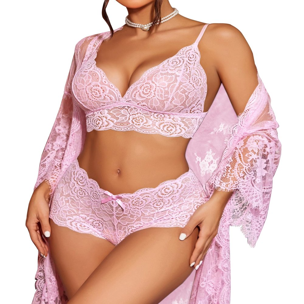 Avidlove lingerie for women Lace Babydoll 2 Piece Sexy Bra and Panty Sets Lace Kimono Robe Set