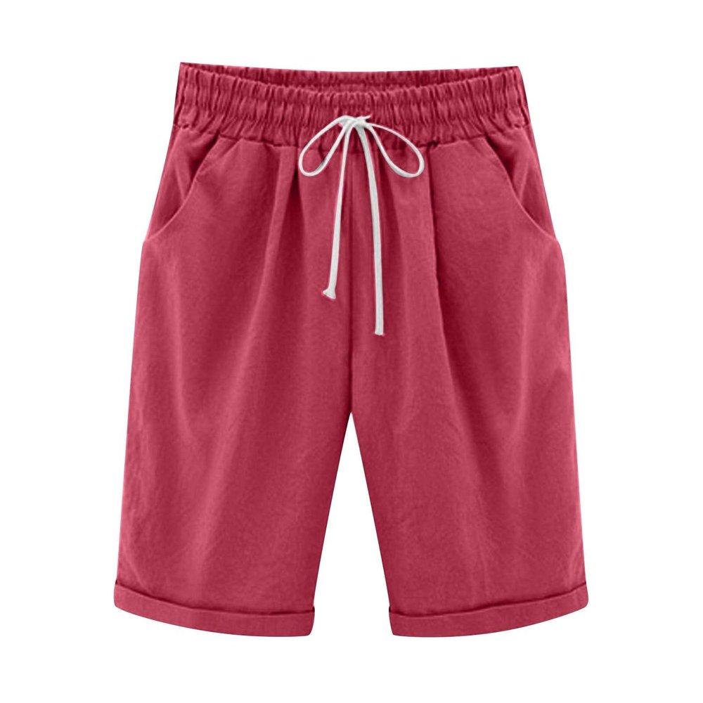 LMSXCT Cotton Linen Shorts for Women Casual Knee Length Bermuda Shorts Elastic Waist Gym Workout Shorts Summer Beach Shorts Red