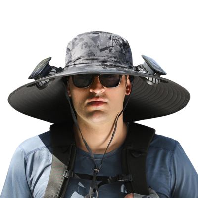 Wide Brim Solar Fan Outdoor Fishing Hat, Solar Fan Hat Upf50+, Solar Fan Hats for Men with 2 Solar Fan Fishing Hats (US, Alpha, One Size, Camouflage B, Two Fans)